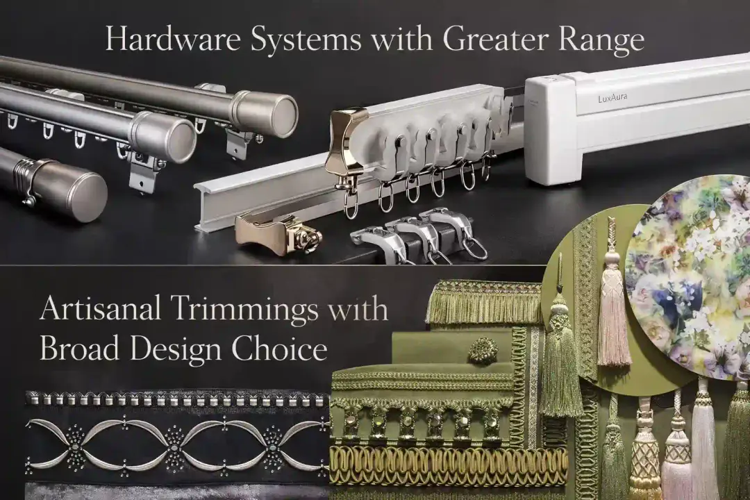 Roman blind hardware and decorative textile trim reference board