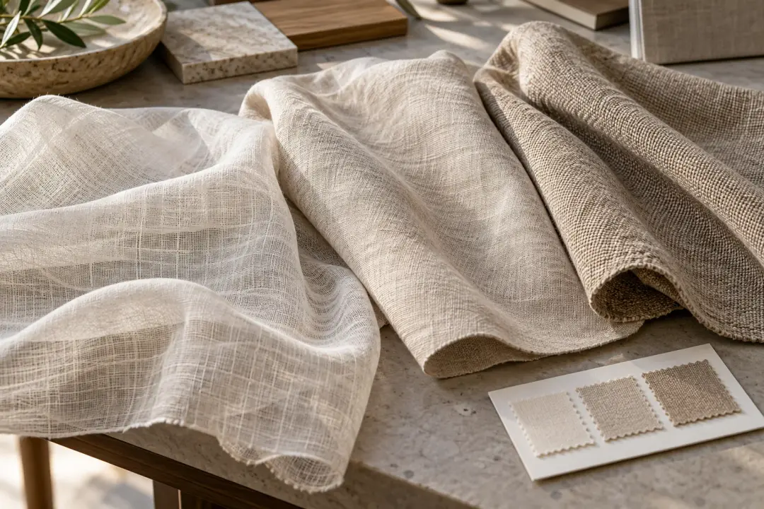 Three linen fabric weights and weaves on a specification table