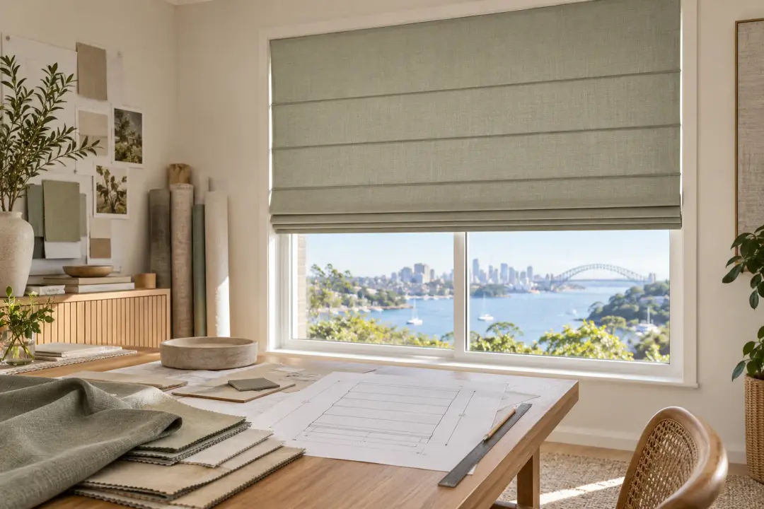 Flat Roman blind and specification drawing in a Sydney design studio